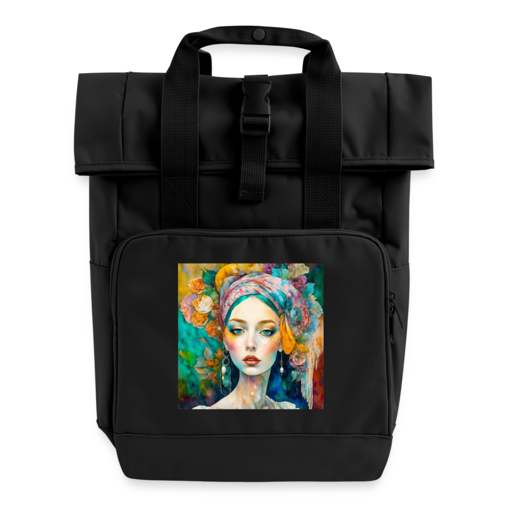 "Ethereal Boho Elegance" Roll Top Backpack with Two Handles - black