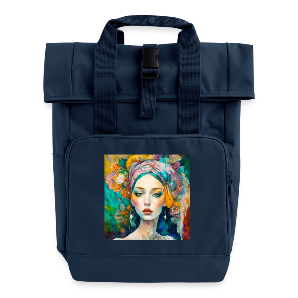 "Ethereal Boho Elegance" Roll Top Backpack with Two Handles - navy