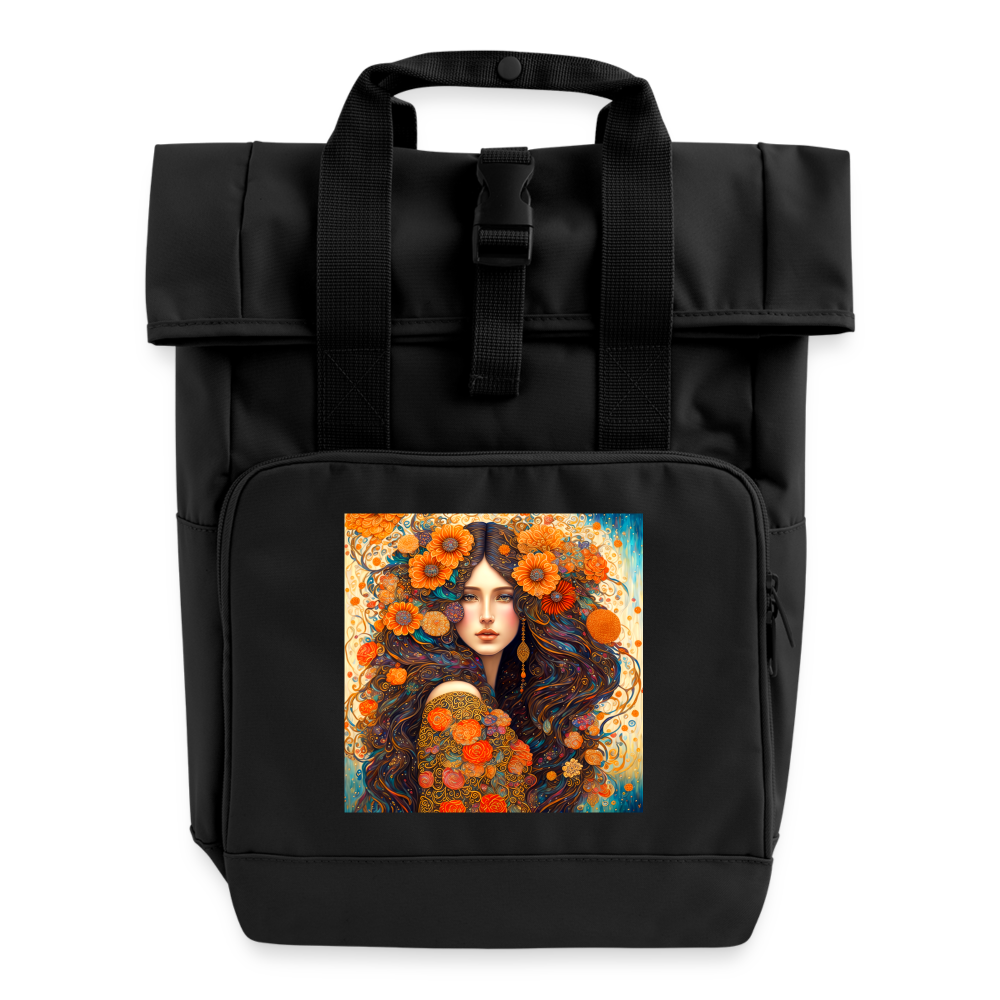 "Golden Bloom Muse" Roll Top Backpack with Two Handles - black