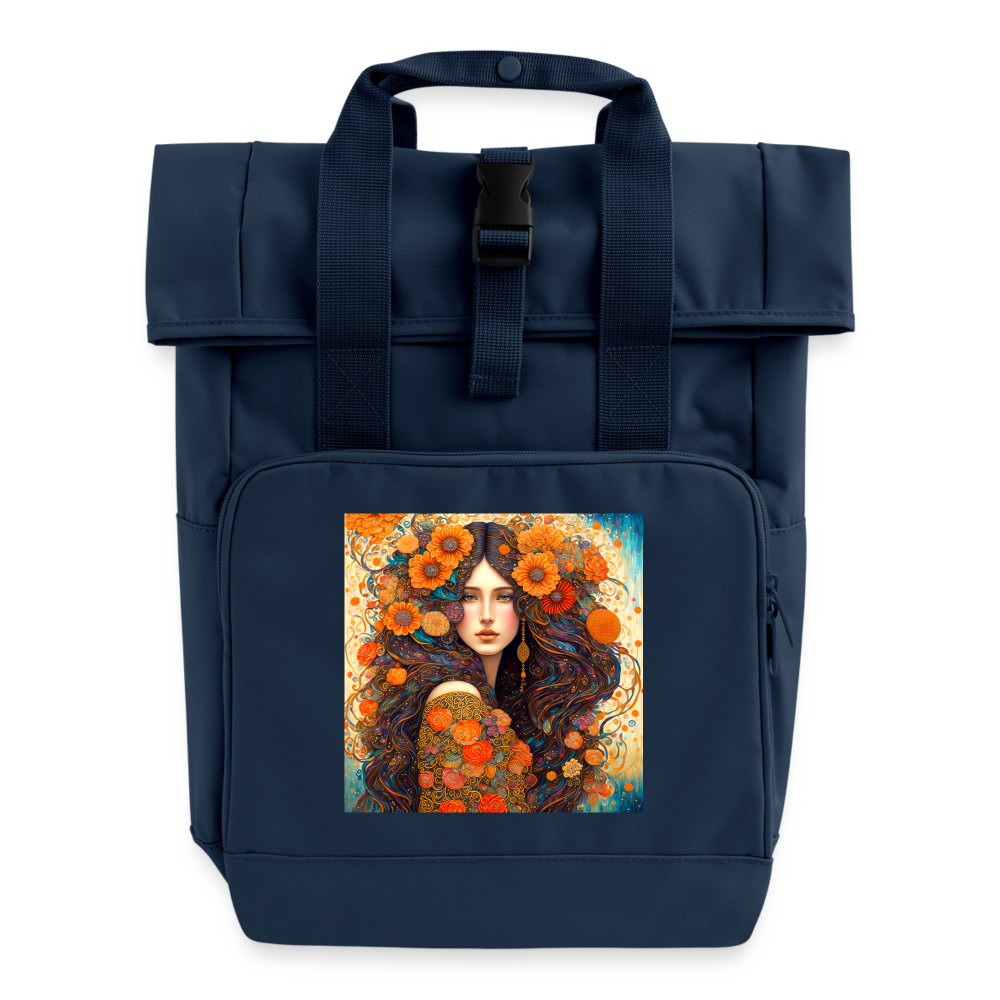 "Golden Bloom Muse" Roll Top Backpack with Two Handles - navy