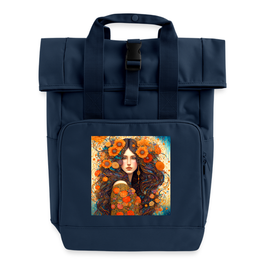 "Golden Bloom Muse" Roll Top Backpack with Two Handles - navy