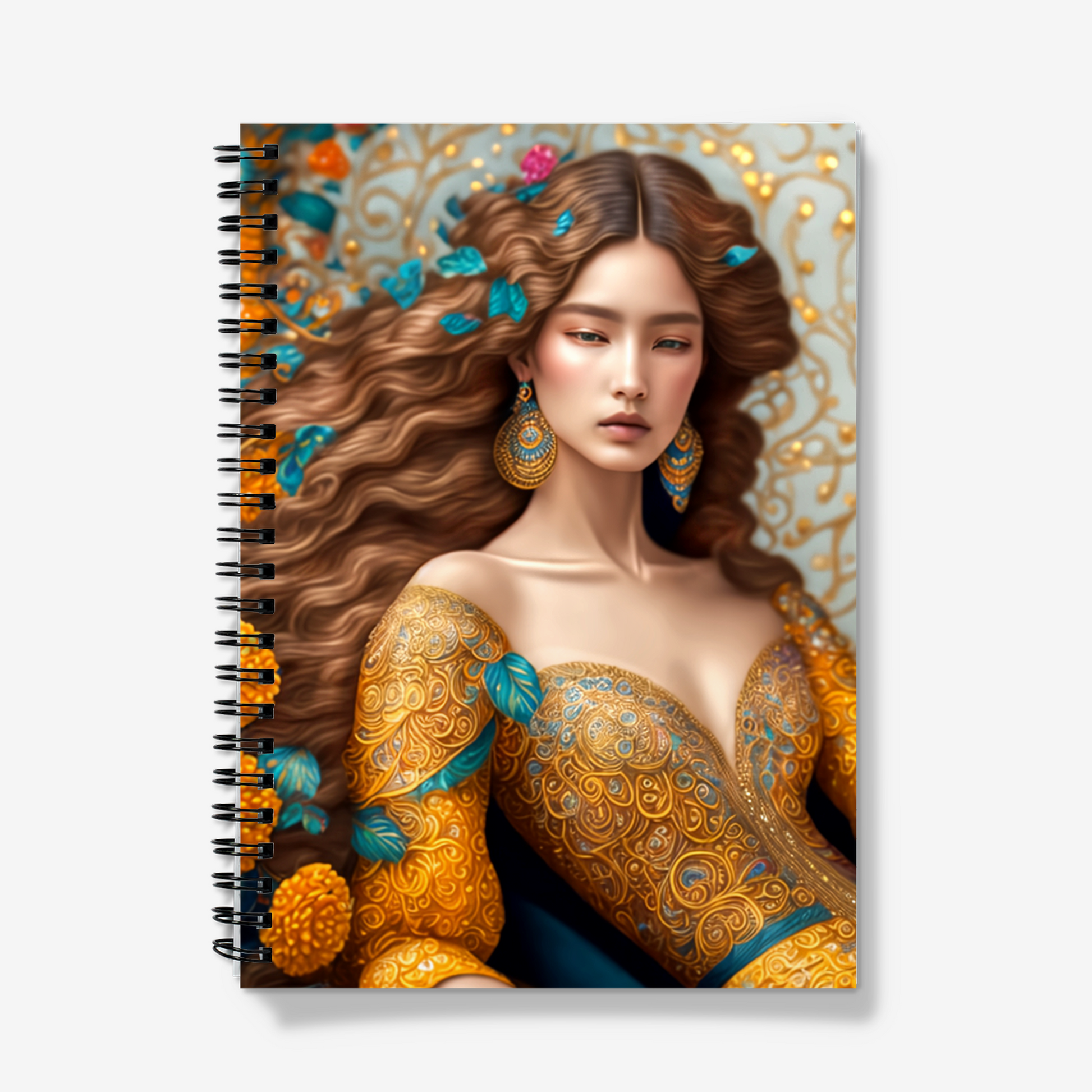 notebook with woman in golden dress