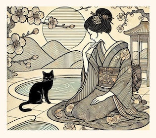 japanese woman with a cat sitting